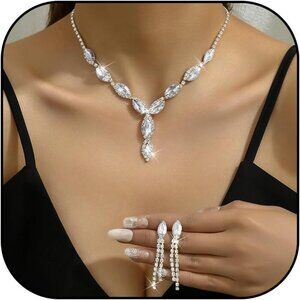 🆕Women Silver Formal Necklace and Earrings Set Prom Jewelry Set Accessories